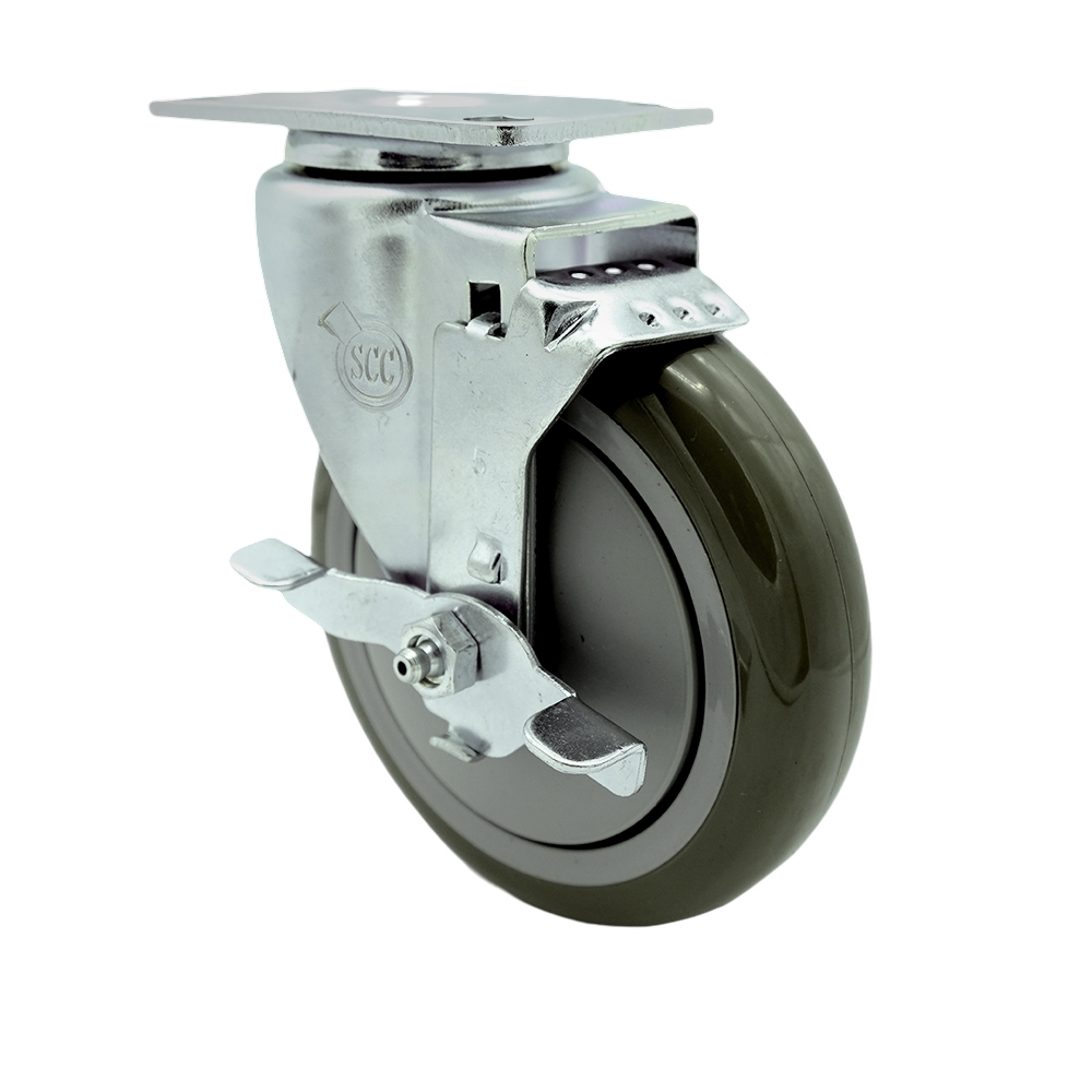 SCC-SS20S514-PPUB-TLB Stainless Steel Polyurethane Swivel Top Plate Swivel Caster with 5 x 1.25 in. Gray Wheel & Top Locking Brake