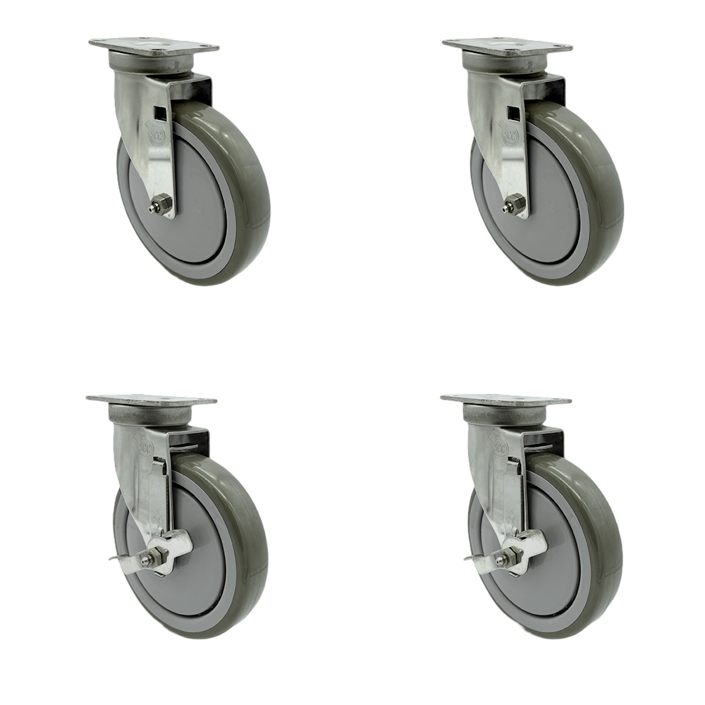 SCC-SS20S614-PPUB-2-TLB-2 Stainless Steel Polyurethane Swivel Top Plate Caster with 6 x 1.26 in. Gray Wheels - Set of 4