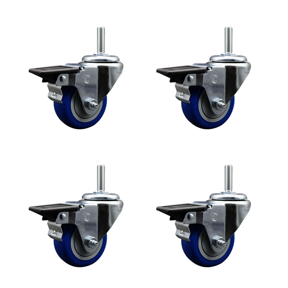 SCC-TS20S314-PPUB-BLUE-PLB-58212-4 Polyurethane Swivel Threaded Stem Caster with 3 x 1.25 in. Blue Wheels & 0.63 in. Stems - Set of 4