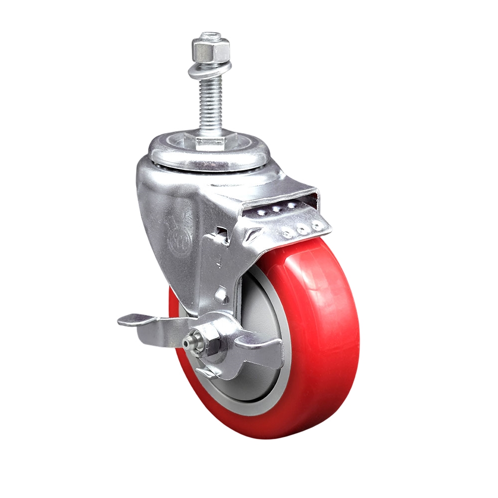 SCC-TS20S414-PPUB-RED-TLB-M1015 Polyurethane Swivel Threaded Stem Caster with 4 x 1.25 in. Red Wheel & 10 mm Stem & Top Locking Brake