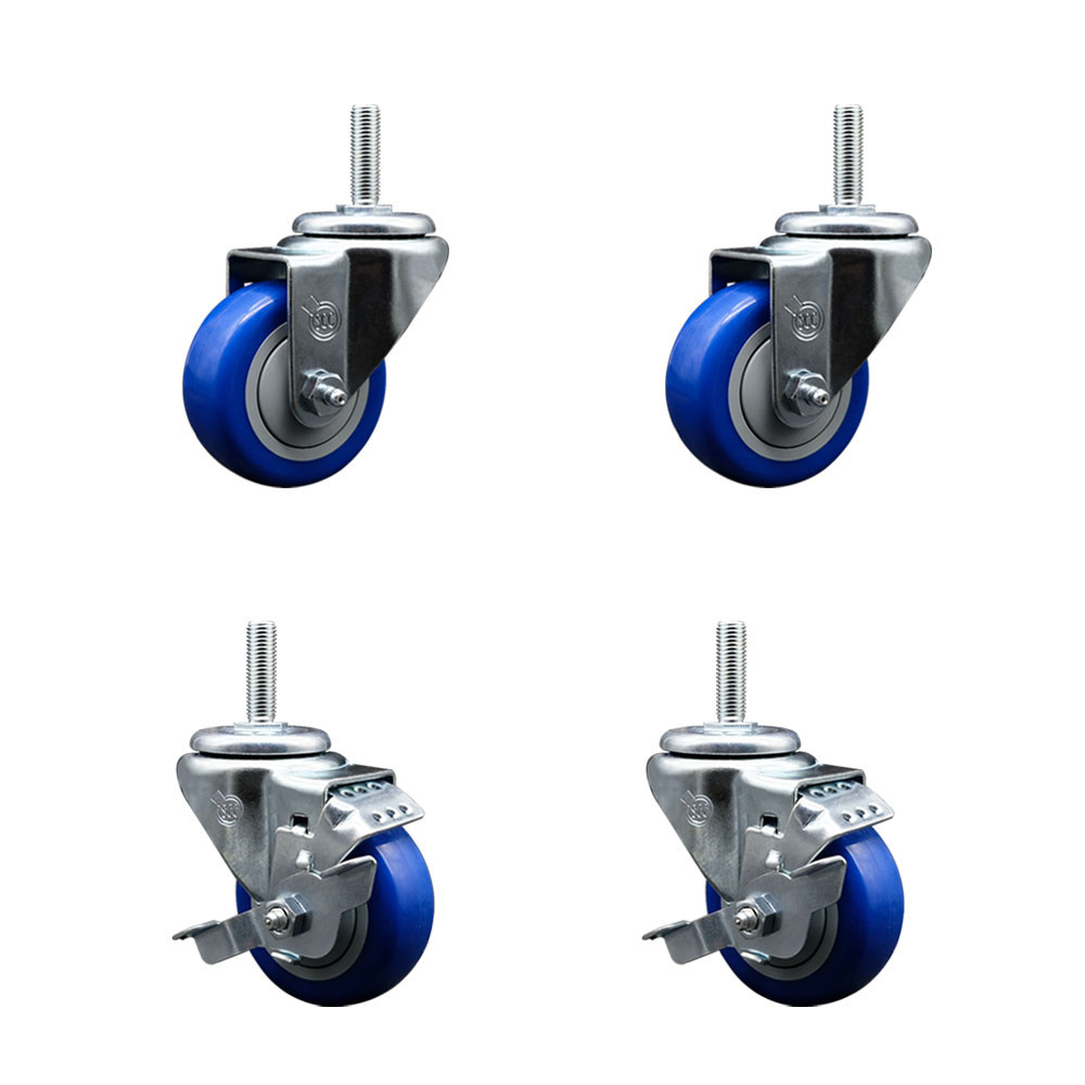 SCC-TS20S314-PPUB-BLUE-58212-2-TLB-2 Polyurethane Swivel Threaded Stem Caster with 3 x 1.25 in. Blue Wheels & 0.63 in. Stems - Set of 4