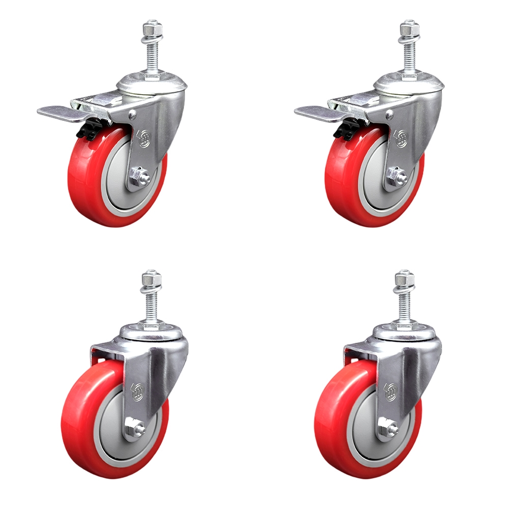 SCC-TSTTL20S414-PPUB-RED-M1015-2-S-2 Polyurethane Swivel Threaded Stem Caster with 4 x 1.25 in. Red Wheels & 10 mm Stems - Set of 4