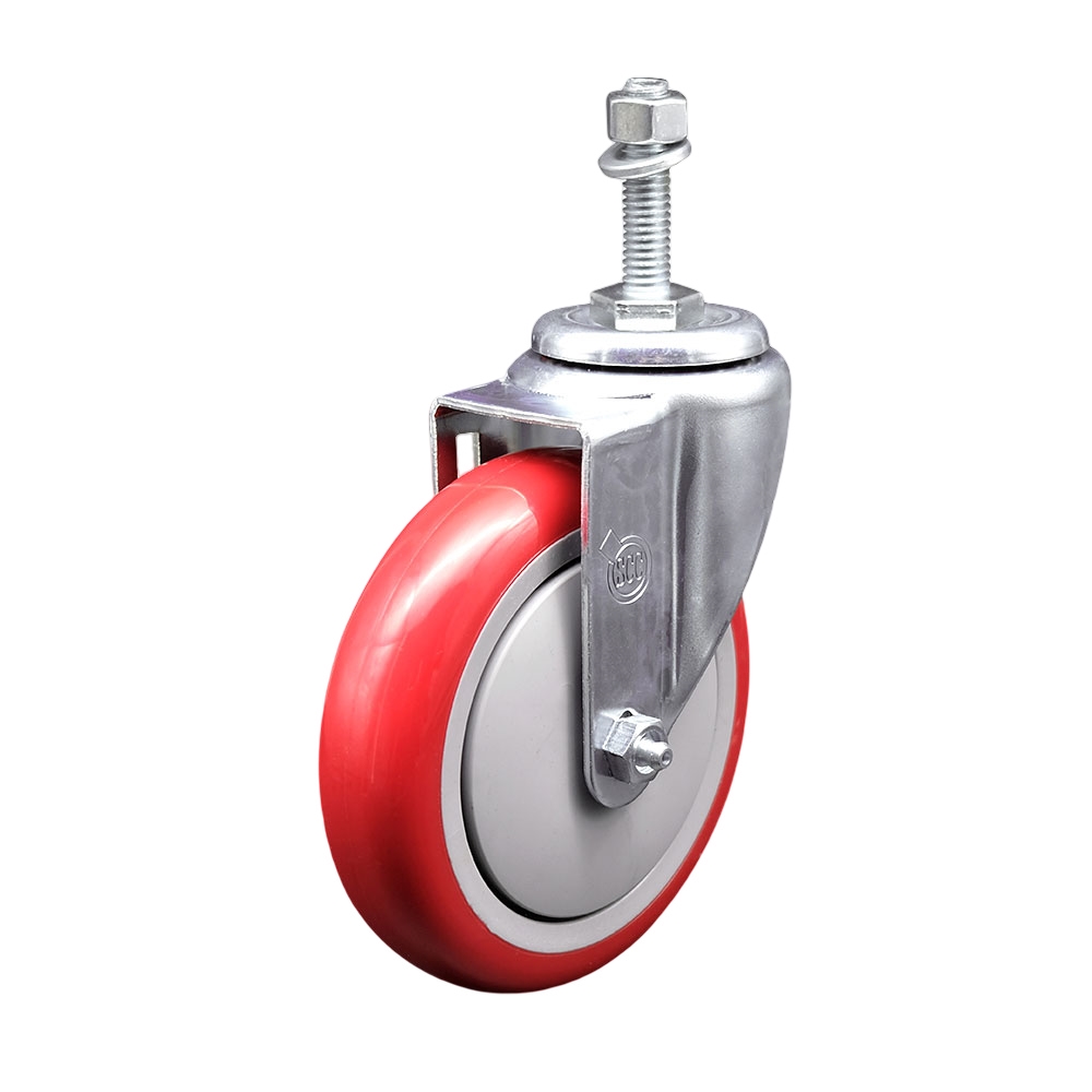 SCC-TS20S514-PPUB-RED-M1015 Polyurethane Swivel Threaded Stem Caster with 5 x 1.25 in. Red Wheel & 10 mm Stem