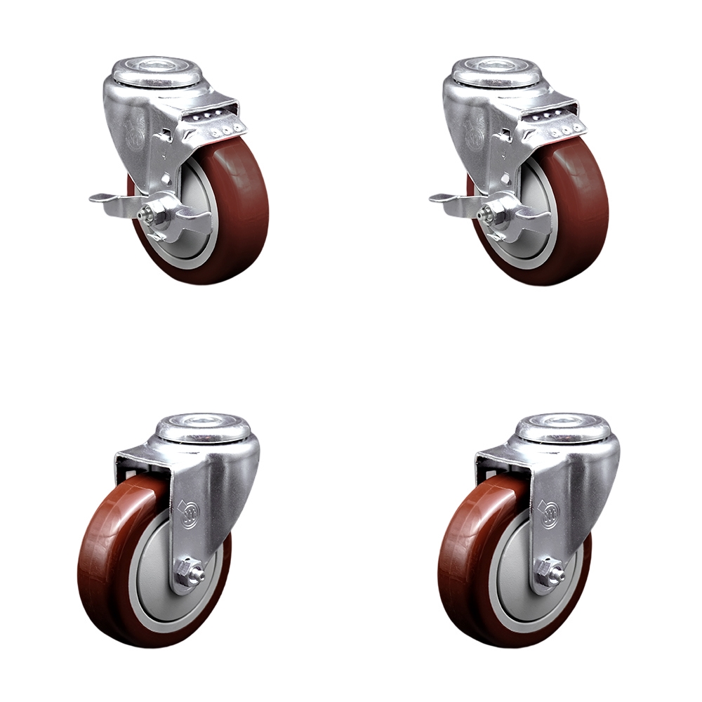 SCC-BH20S414-PPUB-MRN-TLB-2-S-2 Polyurethane Swivel Bolt Hole Caster with 4 x 1.25 in. Maroon Wheels - Set of 4