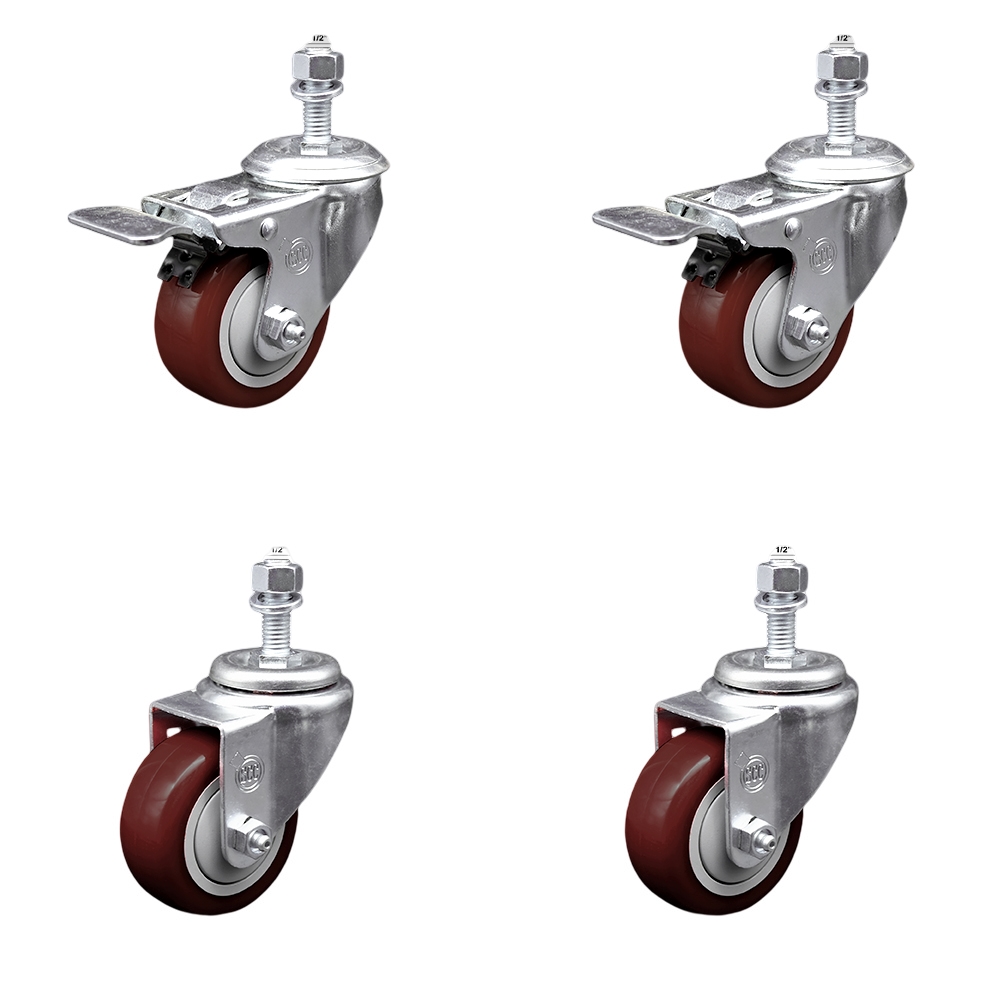 Stainless Steel Polyurethane Swivel Threaded Stem Caster with 3 x 1.25 in. Maroon Wheels & 0.5 in. Stems - Set of 4