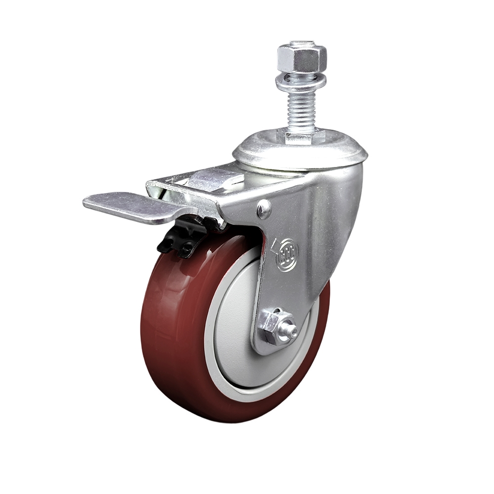 Stainless Steel Polyurethane Swivel Threaded Stem Caster with 4 x 1.25 in. Maroon Wheel & 0.5 in. Stem & Total Locking Brake