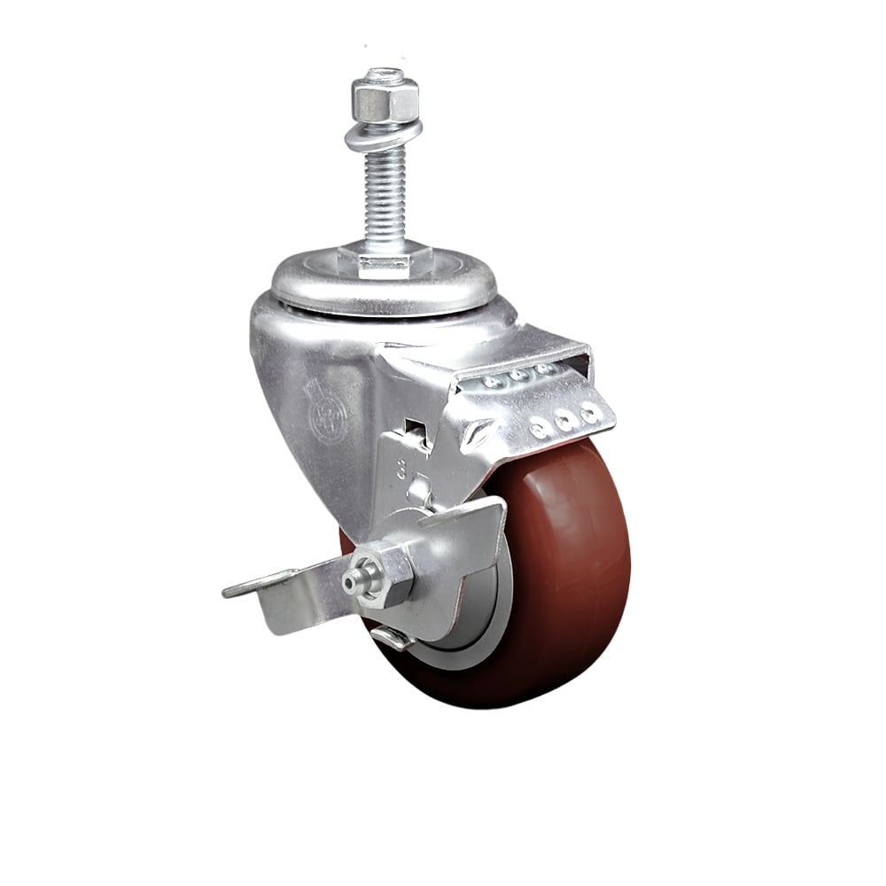 Stainless Steel Polyurethane Swivel Threaded Stem Caster with 3 x 1.25 in. Maroon Wheel & 10 mm Stem & Top Locking Brake