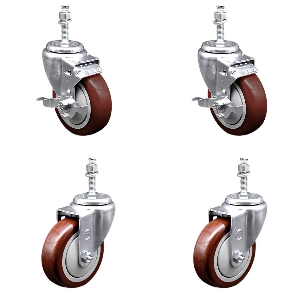 Stainless Steel Polyurethane Swivel Threaded Stem Caster with 4 x 1.25 in. Maroon Wheels & 10 mm Stems - Set of 4
