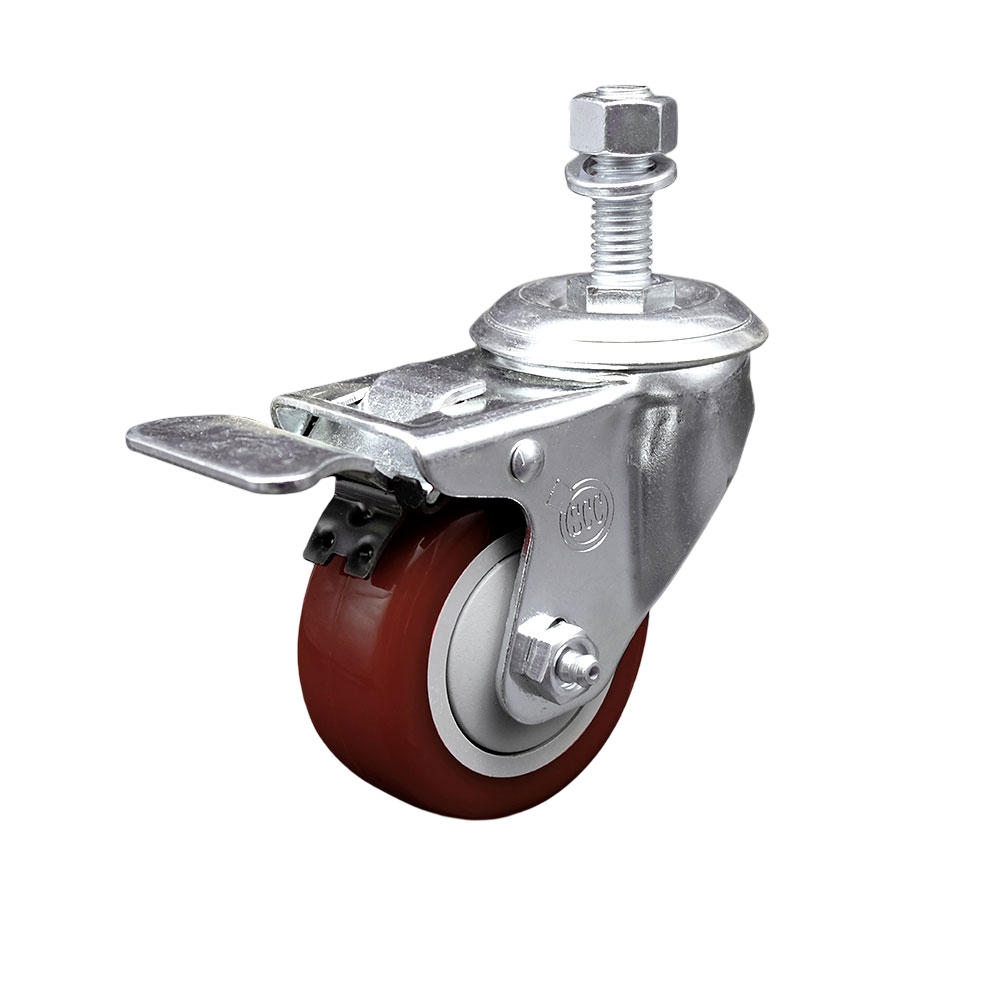 SCC-TSTTL20S314-PPUB-MRN-M1215 Polyurethane Swivel Threaded Stem Caster with 3 x 1.25 in. Maroon Wheel & 12 mm Stem & Total Locking Brake