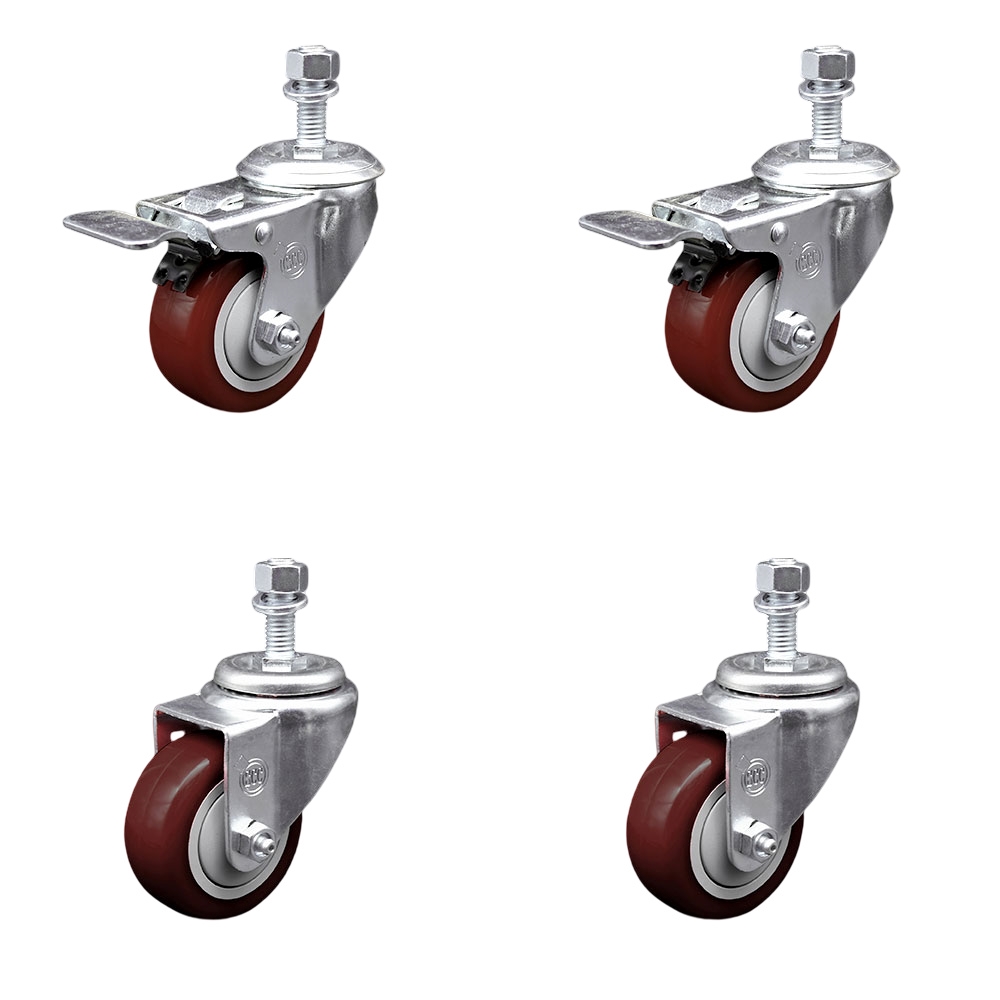 SCC-TSTTL20S314-PPUB-MRN-M1215-2-S-2 Polyurethane Swivel Threaded Stem Caster with 3 x 1.25 in. Maroon Wheels & 12 mm Stems - Set of 4