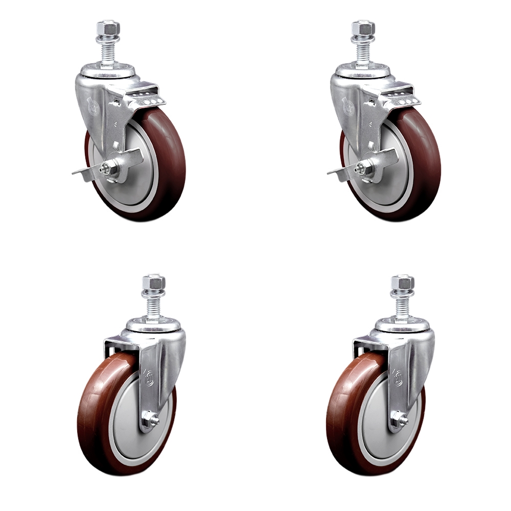 SCC-TS20S514-PPUB-MRN-TLB-M1215-2-S-2 Polyurethane Swivel Threaded Stem Caster with 5 x 1.25 in. Maroon Wheels & 12 mm Stems - Set of 4