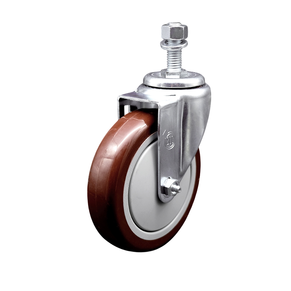 SCC-SSTS20S514-PPUB-MRN-M1215 Stainless Steel Polyurethane Swivel Threaded Stem Caster with 5 x 1.25 in. Maroon Wheel & 12 mm Stem