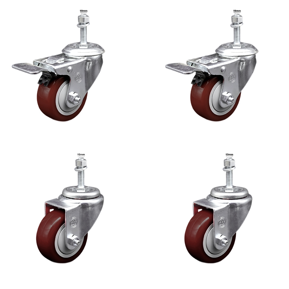 Stainless Steel Polyurethane Swivel Threaded Stem Caster with 3 x 1.25 in. Maroon Wheels & 10 mm Stems - Set of 4