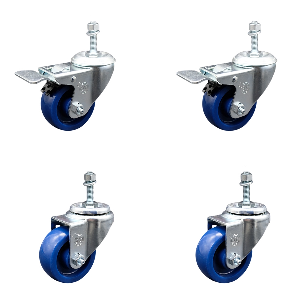 SCC-TSTTL20S314-SPUS-M1015-2-S-2 Solid Polyurethane Swivel Threaded Stem Caster with 3 x 1.25 in. Blue Wheels & 10 mm Stems - Set of 4