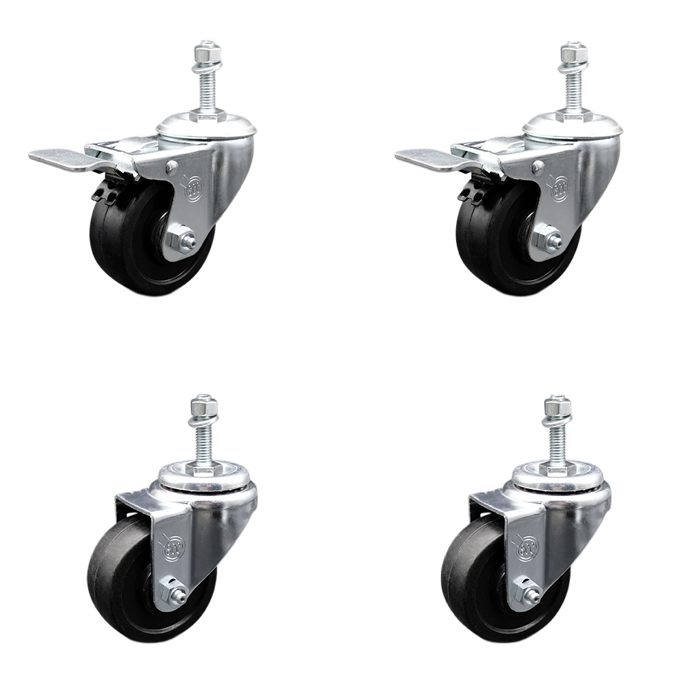 SCC-SSTSTTL20S314-SRS-M1015-2-S-2 Stainless Steel Soft Rubber Swivel Threaded Stem Caster with 3 x 1.25 in. Black Wheels & 10 mm Stems - Set of 4