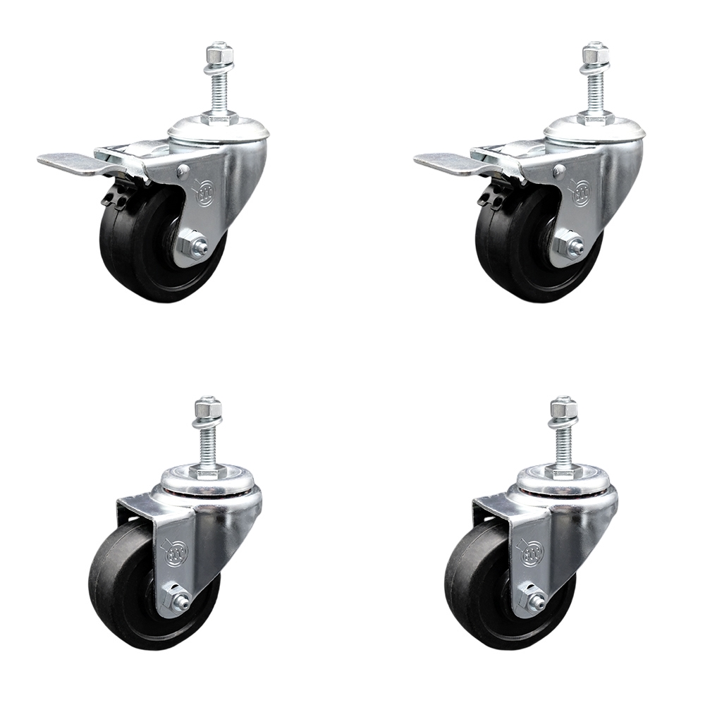 SCC-TSTTL20S3514-SRS-381615-2-S-2 Soft Rubber Swivel Threaded Stem Caster with 3.5 x 1.25 in. Black Wheels & 0.38 in. Stems - Set of 4