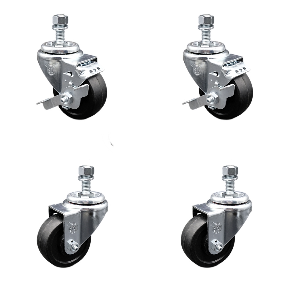 SCC-TS20S3514-SRS-M1215-2-TLB-2 Soft Rubber Swivel Threaded Stem Caster with 3.5 x 1.25 in. Black Wheels & 12 mm Stems - Set of 4