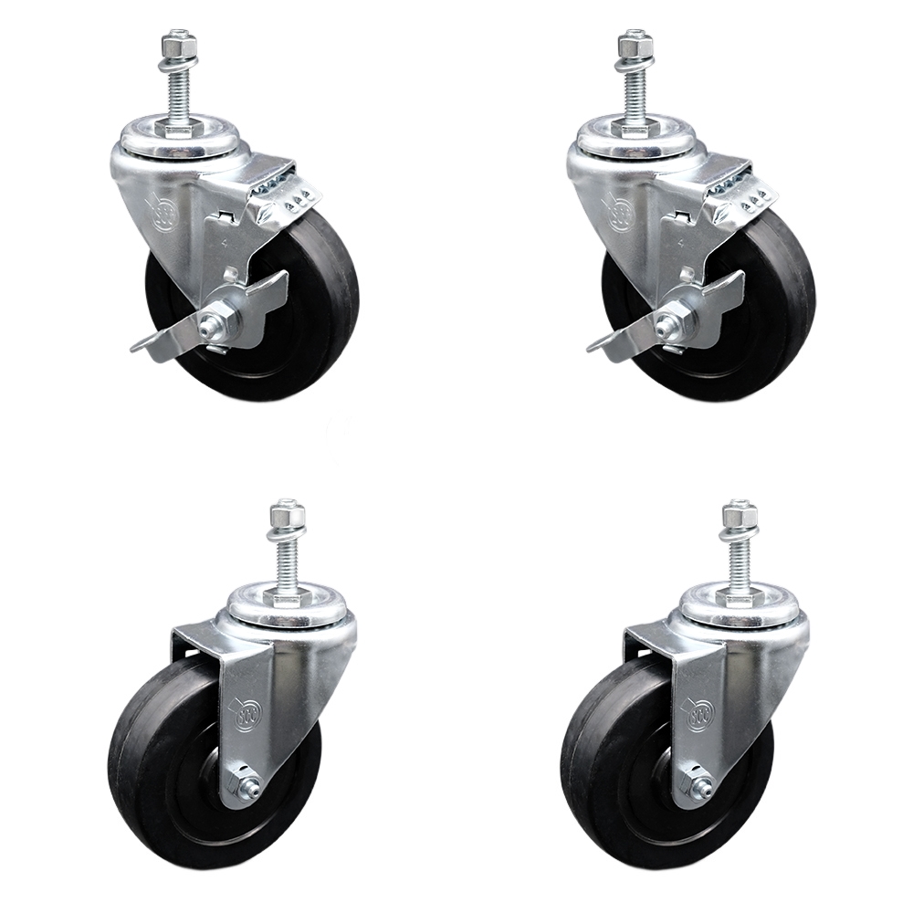 SCC-TS20S414-SRS-M1015-2-TLB-2 Soft Rubber Swivel Threaded Stem Caster with 4 x 1.25 in. Black Wheels & 10 mm Stems - Set of 4