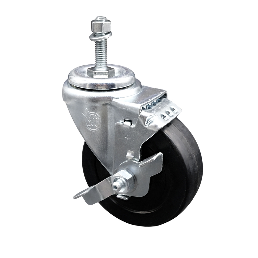 SCC-SSTS20S414-SRS-TLB-M1015 Stainless Steel Soft Rubber Swivel Threaded Stem Caster with 4 x 1.25 in. Black Wheel & 10 mm Stem & Top Locking Brake