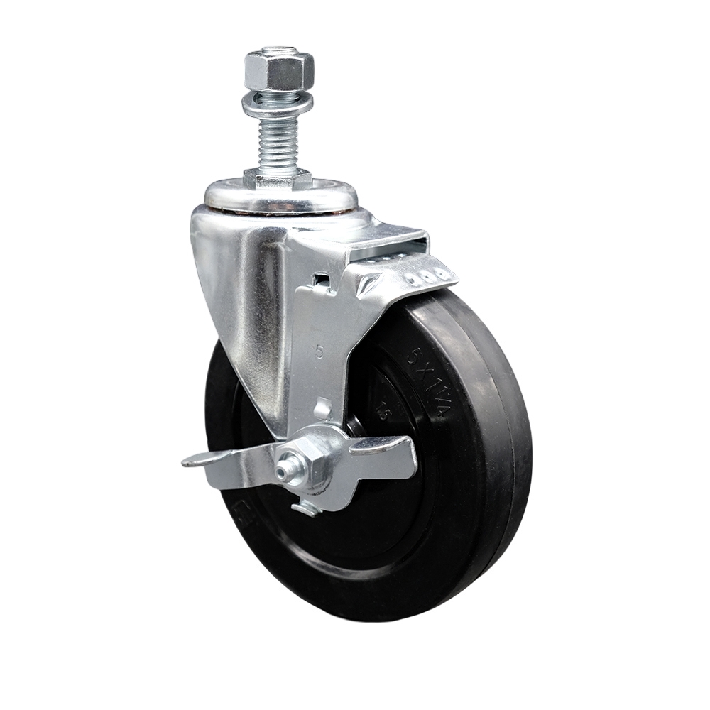 SCC-TS20S514-SRS-TLB-121315 Soft Rubber Swivel Threaded Stem Caster with 5 x 1.25 in. Black Wheel & 0.5 in. Stem & Top Locking Brake