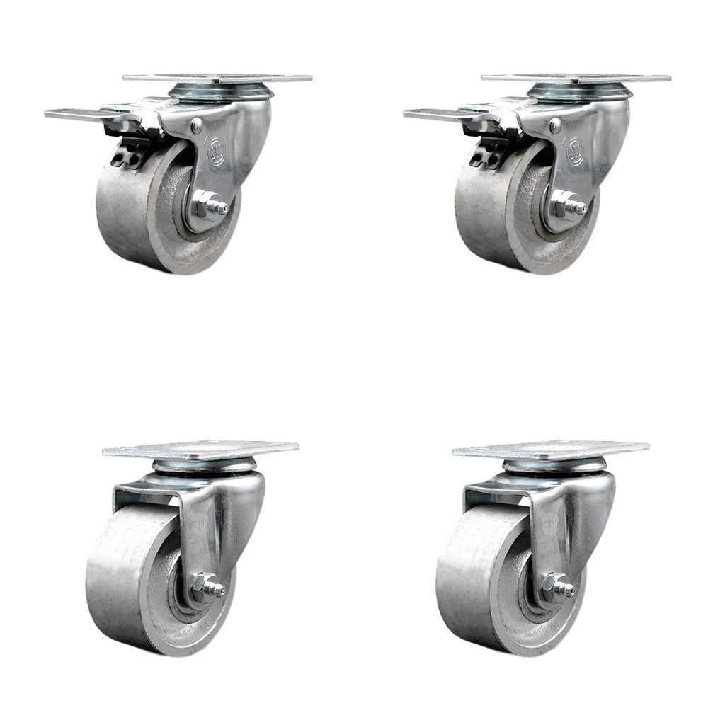 SCC-TTL20S315-SSR-2-S-2 Semi Steel Cast Iron Swivel Top Plate Caster with Roller Bearings - 3 in. Silver Wheels - Set of 4