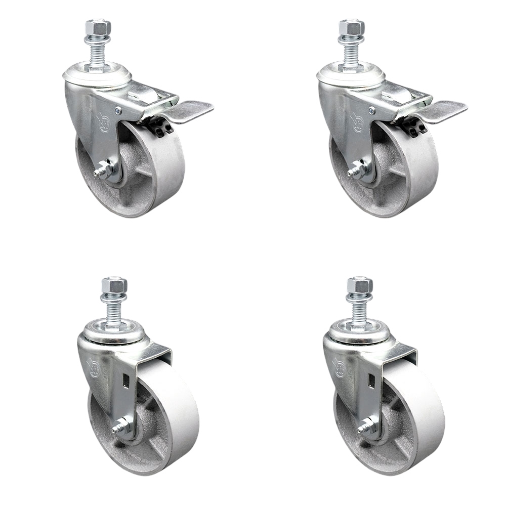 Semi Steel Cast Iron Swivel Threaded Stem Caster with Roller Bearing 4 x 1.5 in. Silver Wheels & 0.5 in. Stems - Set of 4