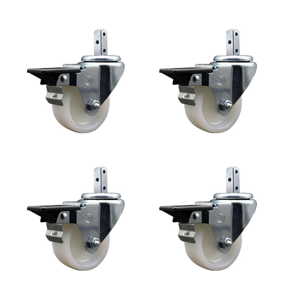 Swivel Square Stem Caster with 3 x 1.25 in. White Nylon Wheel, 0.75 x 2 in. Square Stem with 3 0.26 in. Diameter Mounting Holes - Set of 4