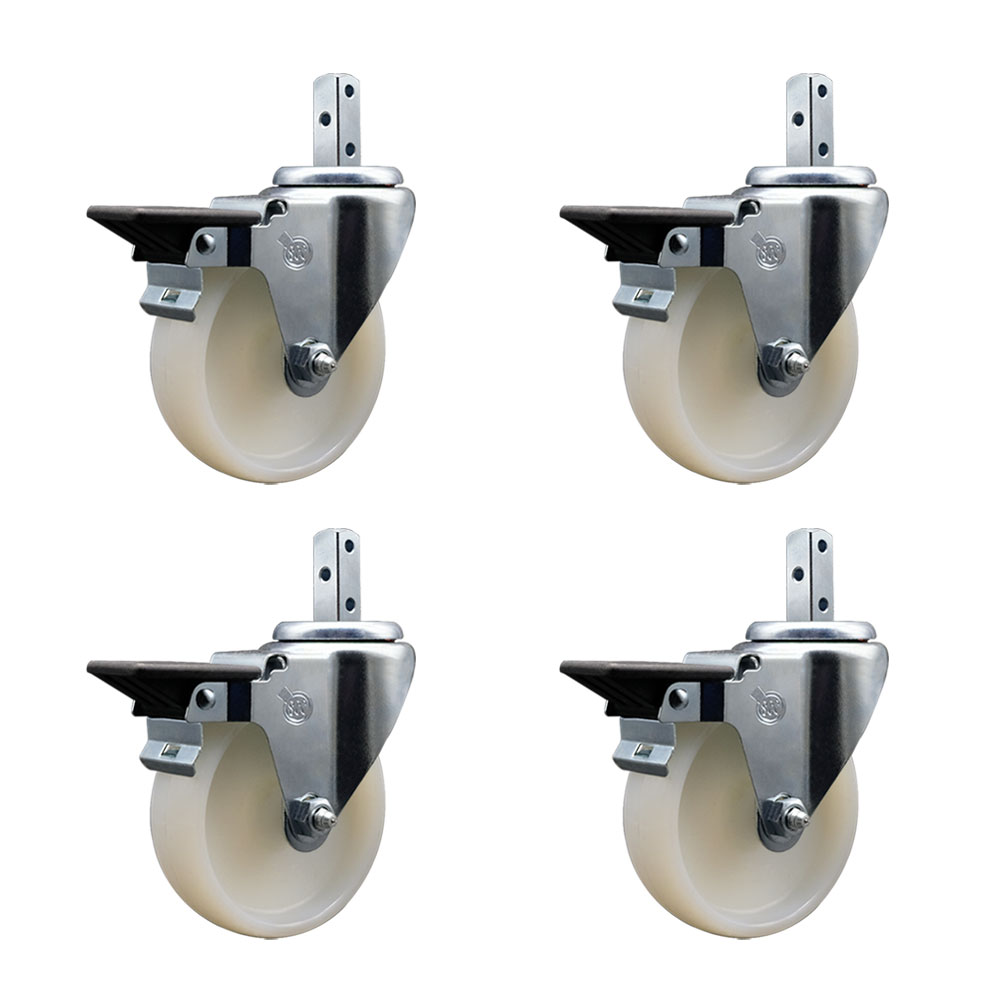 Swivel Square Stem Caster with 4 x 1.25 in. White Nylon Wheel, 0.75 x 2 in. Square Stem with 3 0.26 in. Diameter Mounting Holes - Set of 4