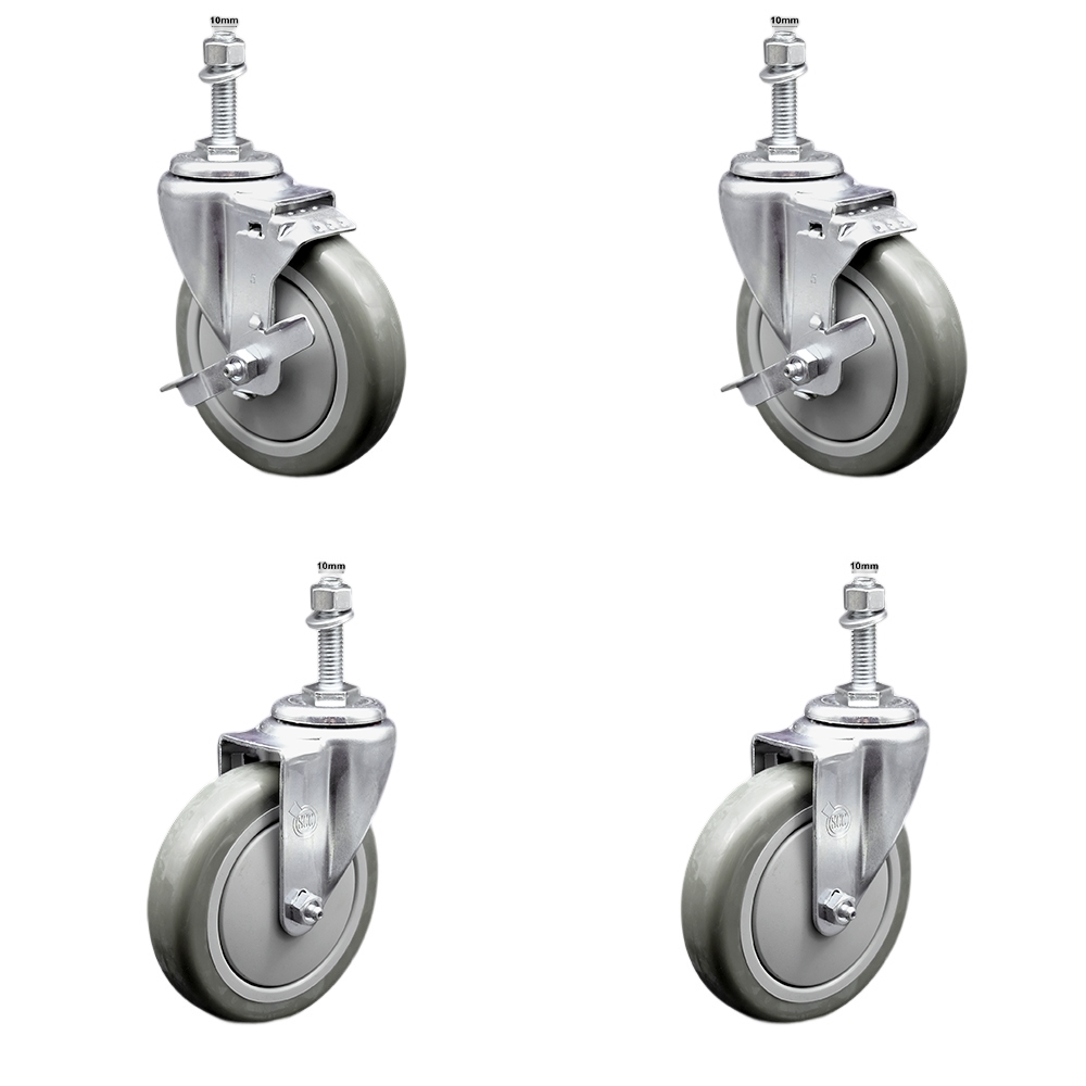 SCC-SSTS20S514-PPUB-TLB-M1015-2-S-2 Stainless Steel Polyurethane Swivel Threaded Stem Caster with 5 x 1.25 in. Gray Wheels & 10 mm Stems - Set of 4