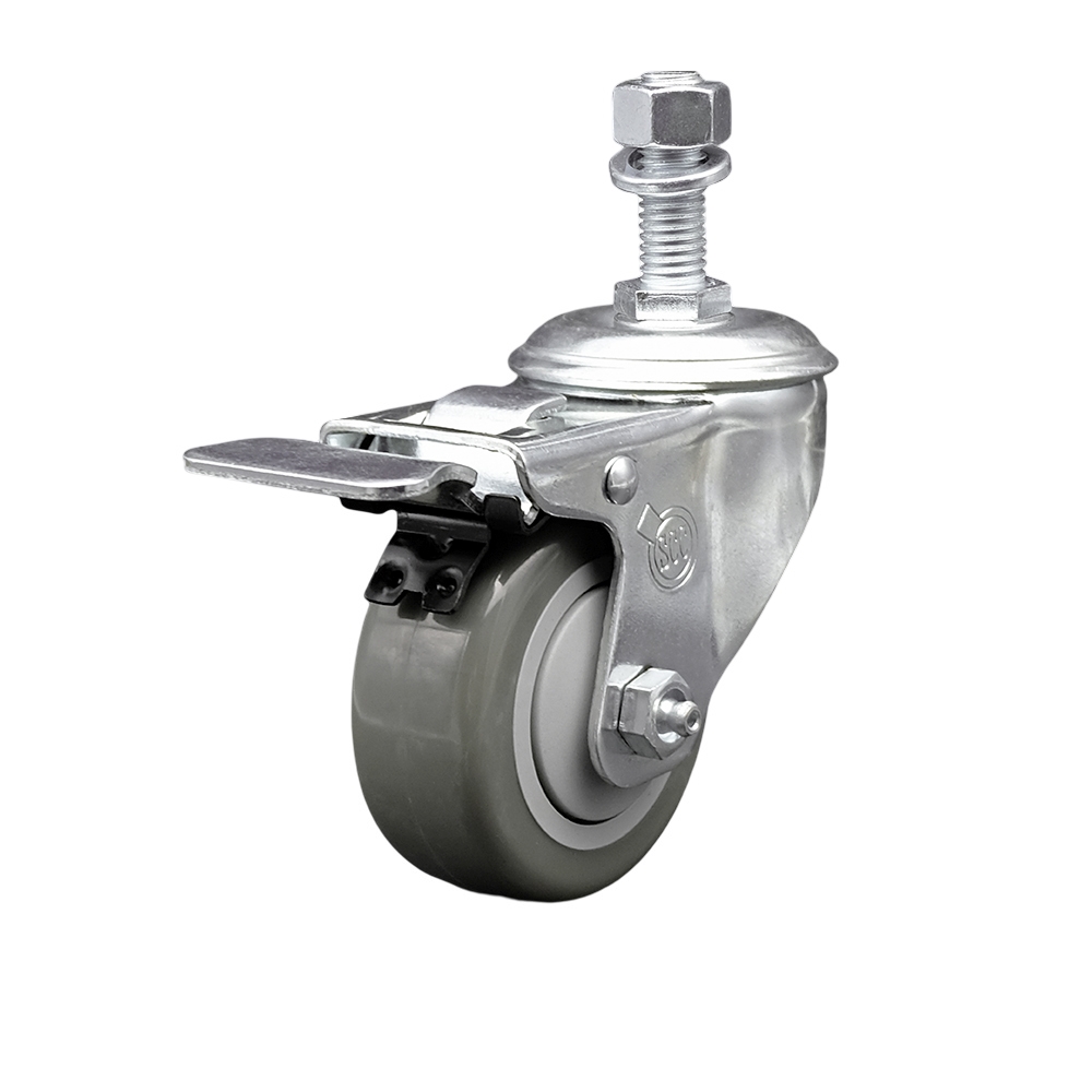 SCC-TSTTL20S314-PPUB-M1215 Polyurethane Swivel Threaded Stem Caster with 3 x 1.25 in. Gray Wheel & 12 mm Stem & Total Locking Brake