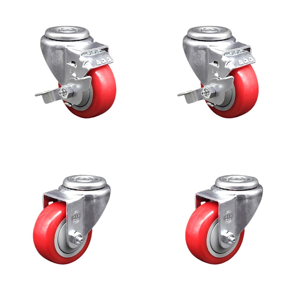 SCC-SSBH20S3514-PPUB-RED-TLB-2-S-2 Stainless Steel Polyurethane Swivel Bolt Hole Caster with 3.5 x 1.25 in. Red Wheels - Set of 4