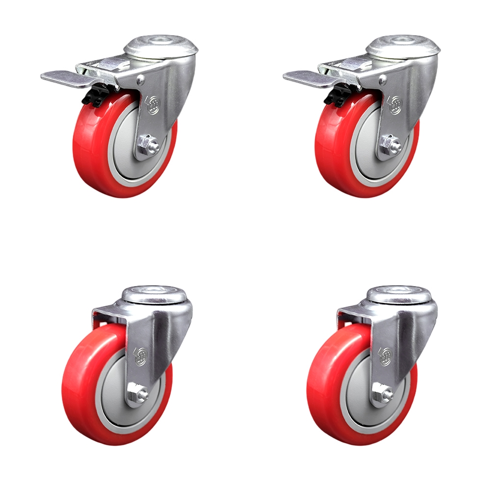 SCC-SSBHTTL20S414-PPUB-RED-2-S-2 Stainless Steel Polyurethane Swivel Bolt Hole Caster with 4 x 1.25 in. Red Wheels - Set of 4