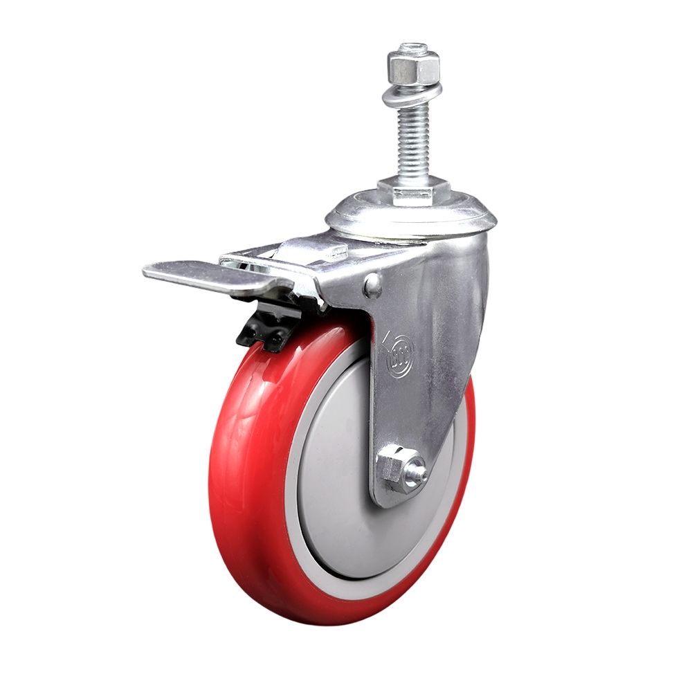 SCC-TSTTL20S514-PPUB-RED-M1015 Polyurethane Swivel Threaded Stem Caster with 5 x 1.25 in. Red Wheel & 10 mm Stem & Total Locking Brake