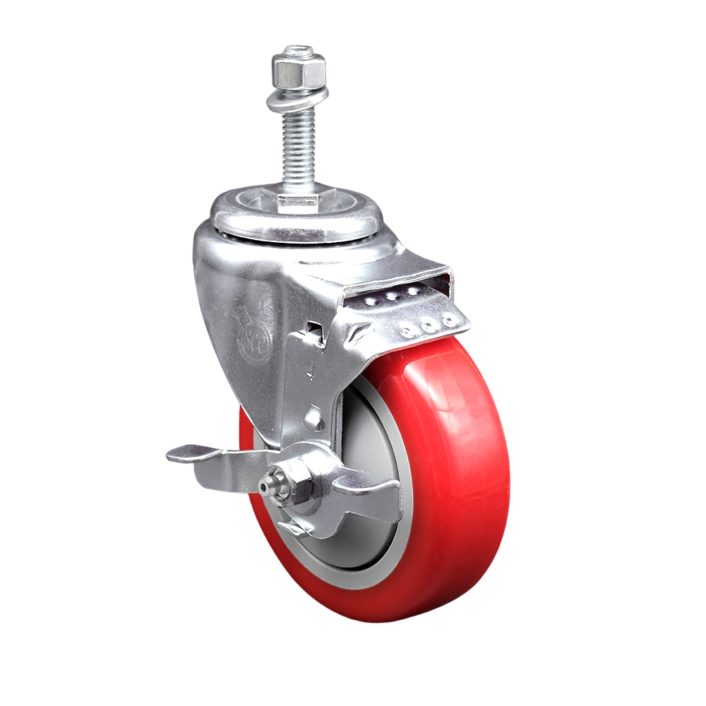 Stainless Steel Polyurethane Swivel Threaded Stem Caster with 4 x 1.25 in. Red Wheel & 10 mm Stem & Top Locking Brake