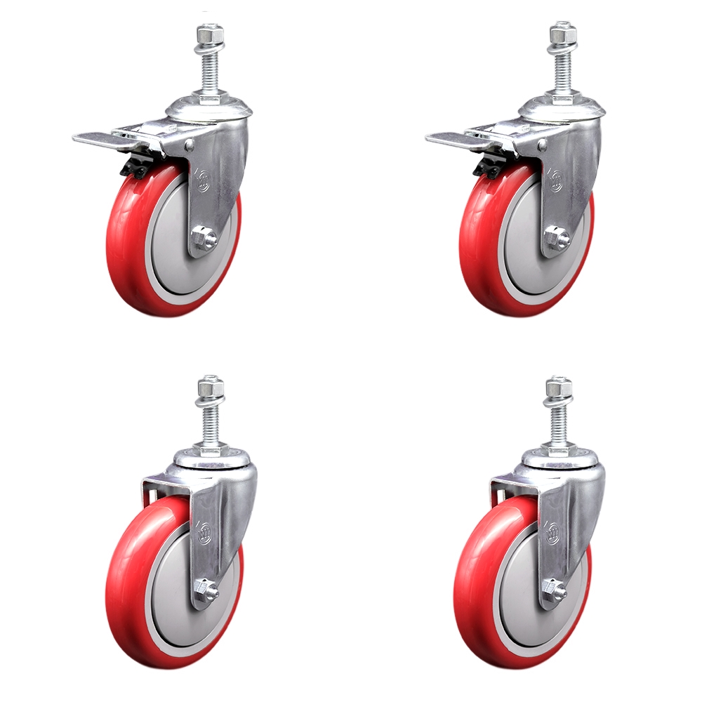 SCC-SSTSTTL20S514-PPUB-RED-M1015-2-S-2 Stainless Steel Polyurethane Swivel Threaded Stem Caster with 5 x 1.25 in. Red Wheels & 10 mm Stems - Set of 4