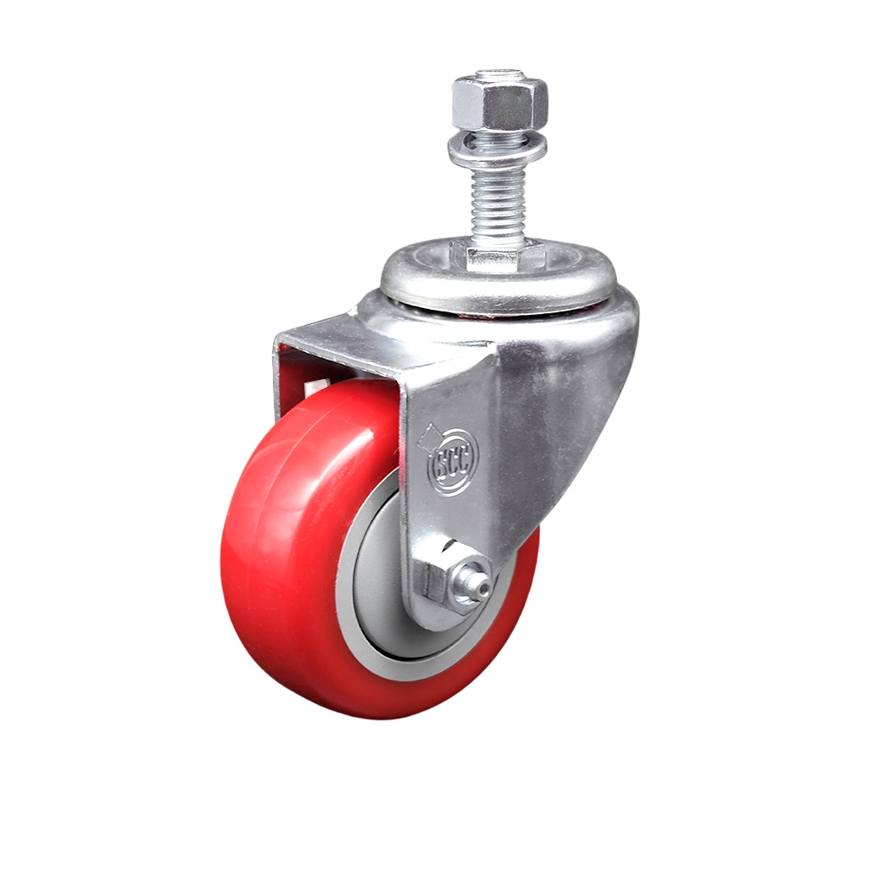 SCC-TS20S314-PPUB-RED-M1215 Polyurethane Swivel Threaded Stem Caster with 3 x 1.25 in. Red Wheel & 12 mm Stem