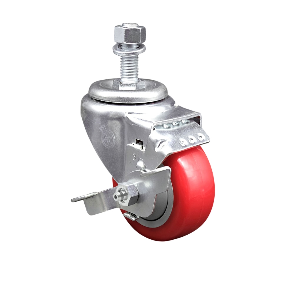 SCC-TS20S314-PPUB-RED-TLB-M1215 Polyurethane Swivel Threaded Stem Caster with 3 x 1.25 in. Red Wheel & 12 mm Stem & Top Locking Brake