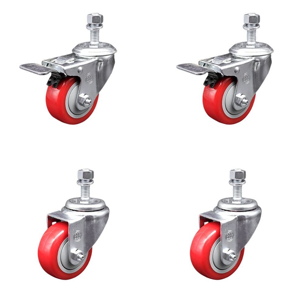 SCC-TSTTL20S3514-PPUB-RED-M1215-2-S-2 Polyurethane Swivel Threaded Stem Caster with 3.5 x 1.25 in. Red Wheels & 12 mm Stems - Set of 4
