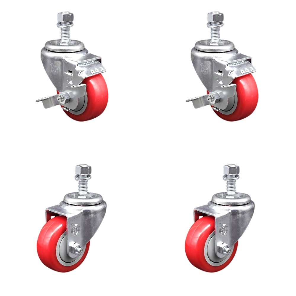 Stainless Steel Polyurethane Swivel Threaded Stem Caster with 3.5 x 1.25 in. Red Wheels & 12 mm Stems - Set of 4