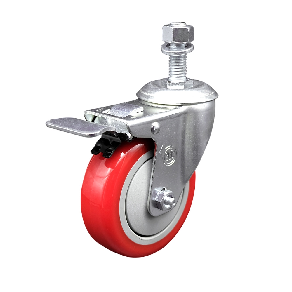Stainless Steel Polyurethane Swivel Threaded Stem Caster with 4 x 1.25 in. Red Wheel & 12 mm Stem & Total Locking Brake