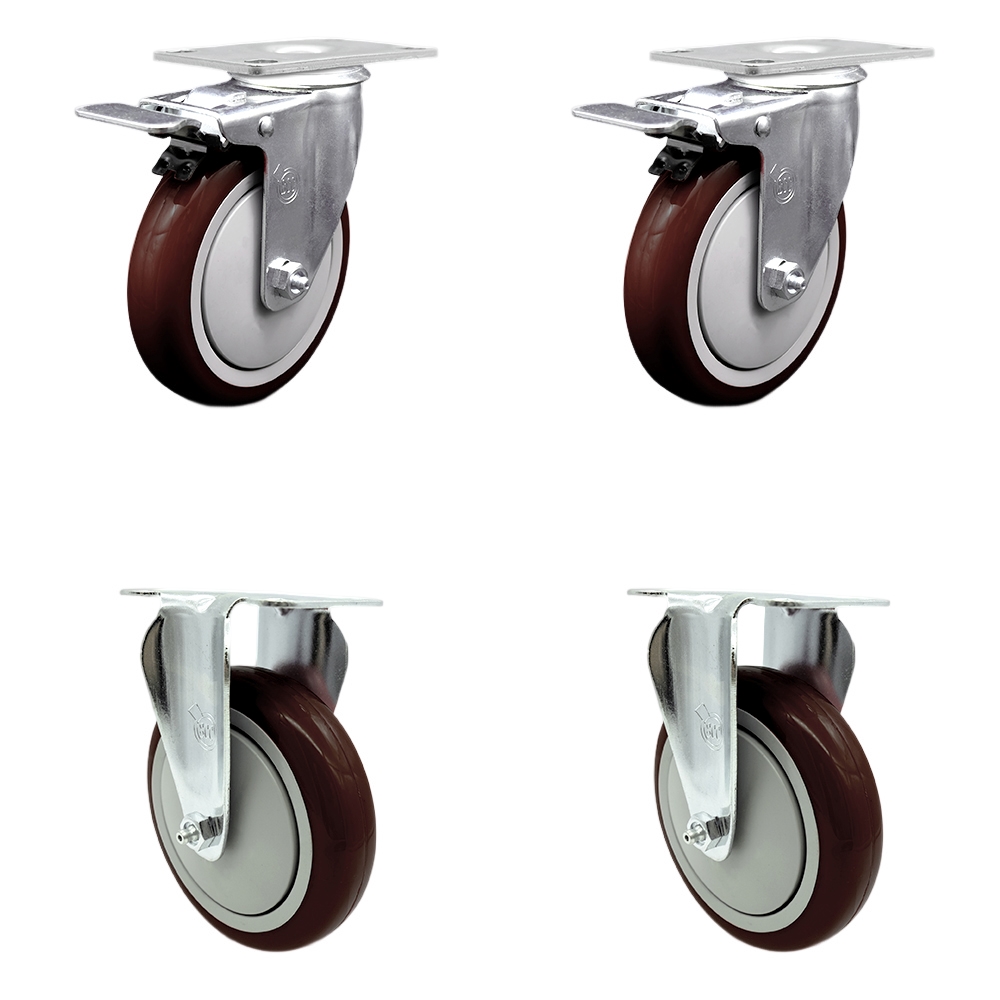 SCC-TTL20S514-PPUB-MRN-2-R-2 Polyurethane Swivel Top Plate Caster with 5 in. Maroon Wheels - Set of 4