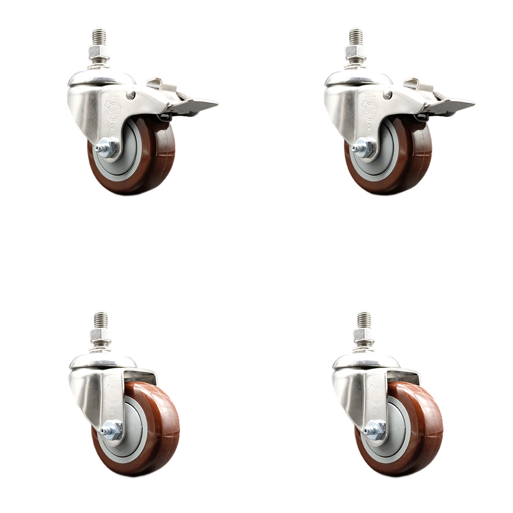 Poly Swivel Stem Caster with 3.5 in. Maroon Caster Wheels, 0.38 in. Threaded Stems - 316 Stainless Steel Casters - Set of 4