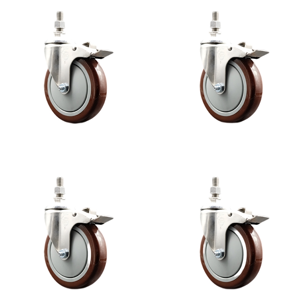 Polyurethane Swivel Stem Caster with 5 in. Maroon Caster Wheels, 10 mm Threaded Stems - 316 Stainless Steel Casters - Set of 4