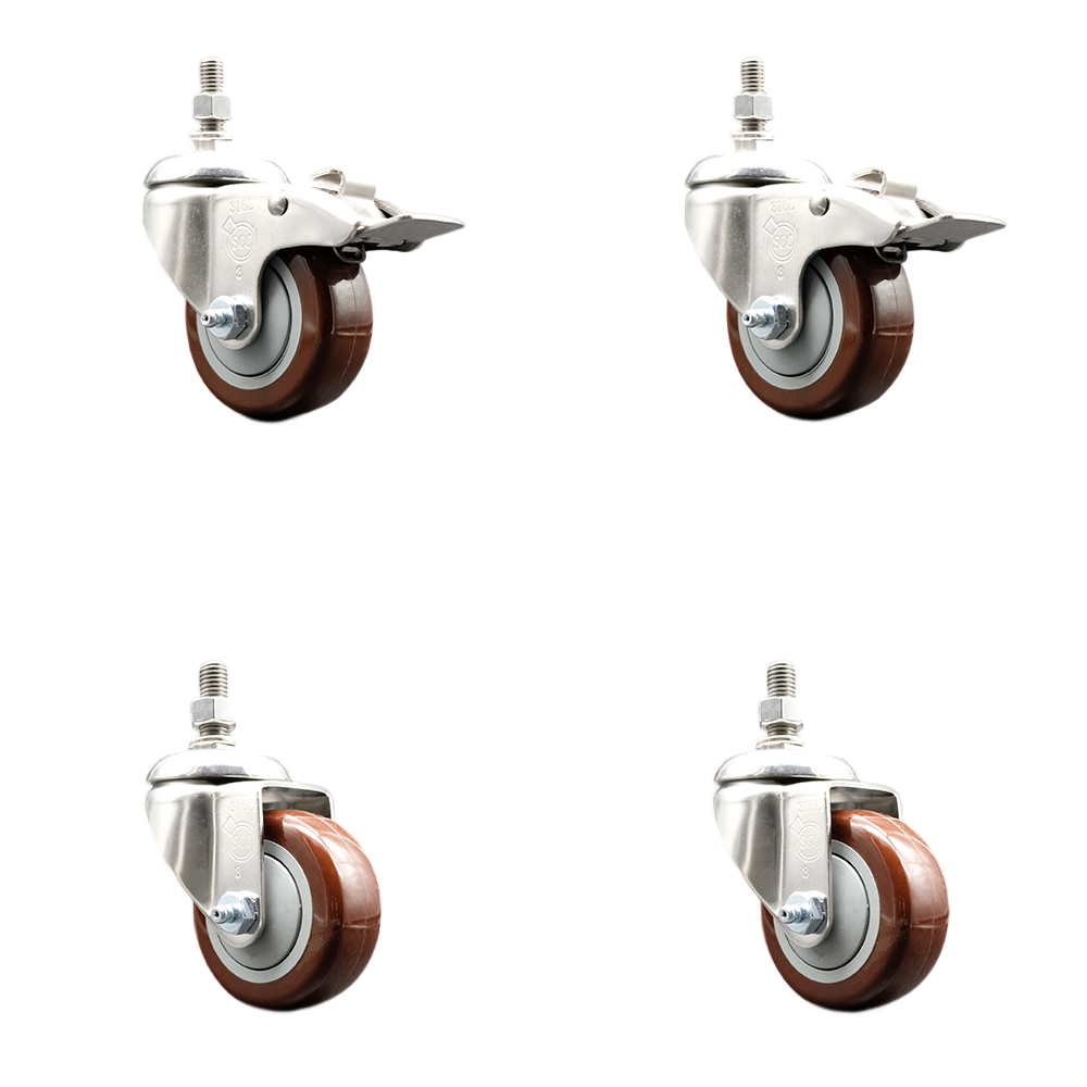 Poly Swivel Stem Caster with 3.5 in. Maroon Caster Wheels, 12 mm Threaded Stems - 316 Stainless Steel Casters - Set of 4