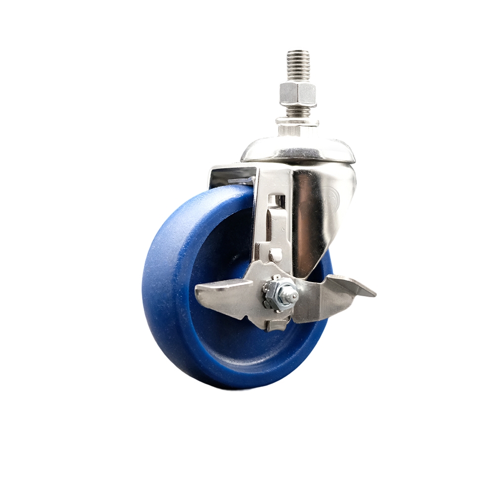 Solid Polyurethane Swivel Stem Caster with 4 in. Blue Caster Wheels & Top Lock Brake, 0.5 in. Threaded Stem - 316 Stainless Steel Caster