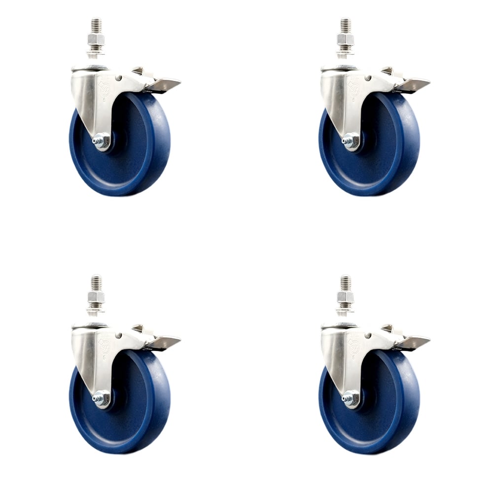 Solid Polyurethane Swivel Stem Caster with 5 in. Caster Wheels, 0.5 in. Threaded Stems - 316 Stainless Steel Casters - Set of 4