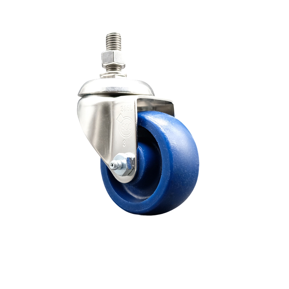 Solid Polyurethane Swivel Stem Caster with 3 in. Blue Caster Wheels, 0.38 in. Threaded Stem - 316 Stainless Steel Caster