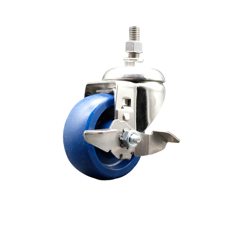 Solid Polyurethane Swivel Stem Caster with 3.5 in. Blue Caster Wheels & Top Lock Brake, 12 mm Threaded Stem - 316 Stainless Steel Caster