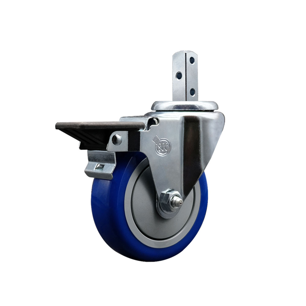 Swivel Square Stem Caster with 4 x 1.25 in. Blue Polyurethane Wheel, 0.75 x 2 in. Square Stem & 3 0.26 in. Diameter Mounting Holes