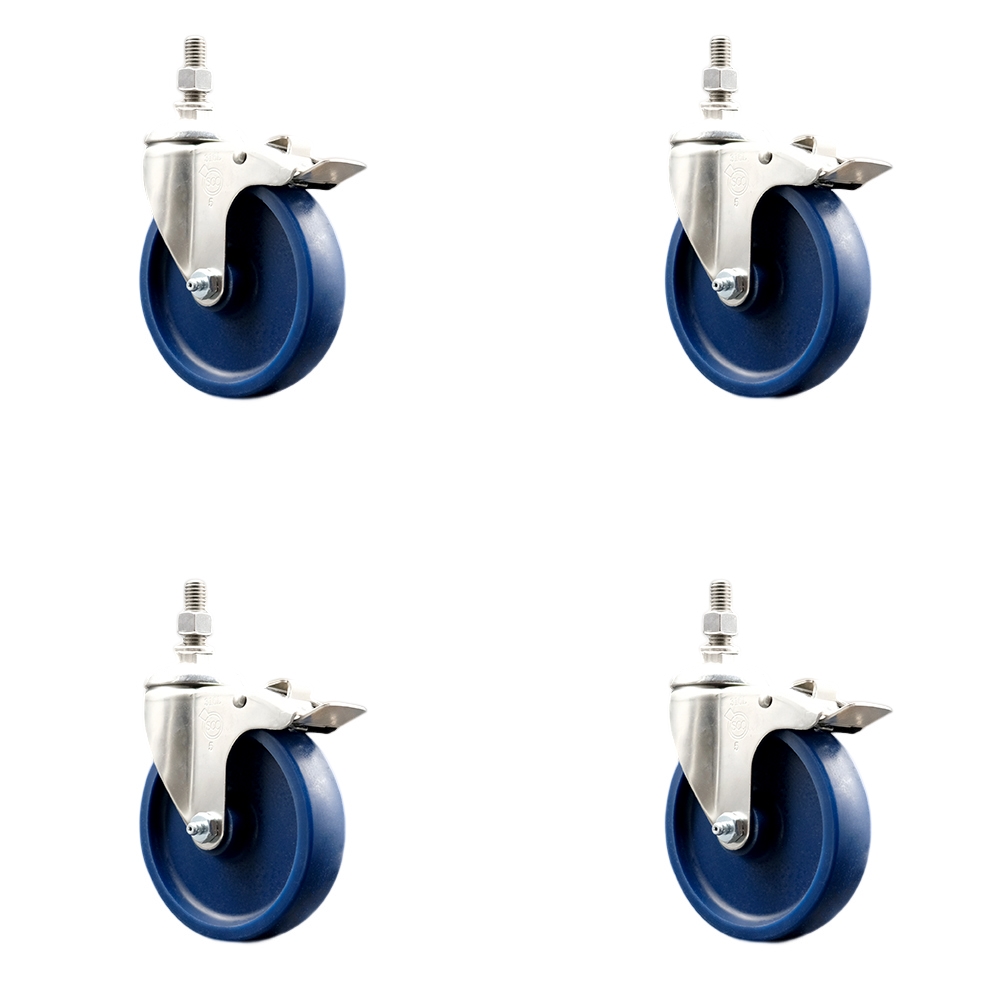 Solid Polyurethane Swivel Stem Caster with 5 in. Caster Wheels, 12 mm Threaded Stems - 316 Stainless Steel Casters - Set of 4